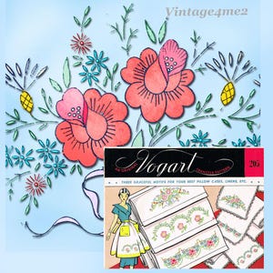 1950s Vintage Vogart Embroidery Transfer 205 Uncut Floral Pillowcase Set