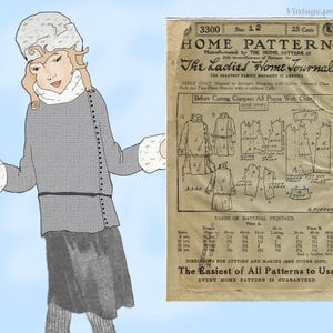 May include: Illustration of a girl in a gray coat with white fur trim, a matching hat, and a skirt. Next to the girl is a vintage sewing pattern from The Ladies' Home Journal, size 12, for a girls' coat. The pattern includes diagrams and yardage requirements.