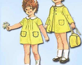 Patrón de costura vintage Simplicity 9191: vestido y abrigo para niñas pequeñas de los años 60, talla 4