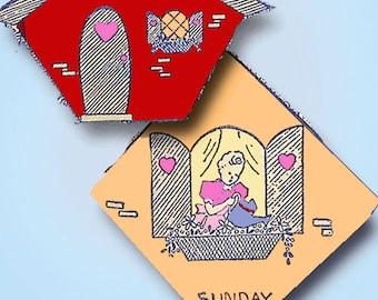 May include: A vintage Sunday illustration featuring a small house with a heart-shaped door and a window with a heart-shaped pane. The house is on a peach-colored background with a window showing a woman in a pink dress watering flowers.