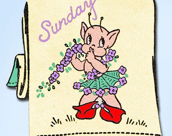 May include: A vintage illustration of a cartoon character with large ears and a flower garland, holding a flower. The character is wearing a green skirt and red shoes. The illustration is on a yellow background with the word "Sunday" written in purple.