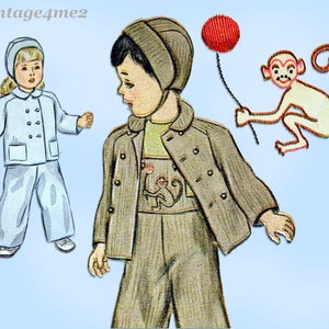 May include: A vintage illustration of two children wearing clothing. The child on the left is wearing a light blue outfit with a white hat. The child on the right is wearing a brown jacket and pants with a white hat. A red balloon and a white monkey are also in the illustration.