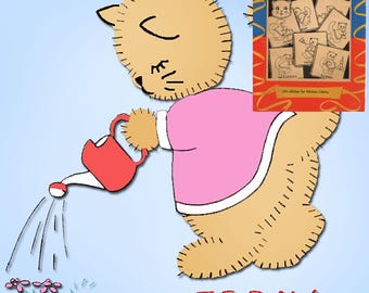 May include: A cartoon illustration of a brown cat wearing a pink dress watering pink flowers. The text "WEDNESDAY" is written in red below the cat. The image is from a vintage book of iron-on transfers called "Aunt Martha's  Iron-On Transfers".