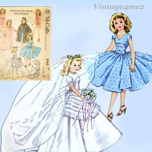 May include: Vintage McCall's sewing pattern for high heel figure dolls' wardrobe. The pattern shows illustrations of dolls in various outfits, including a wedding dress, a blue dress, and other dresses and coats. The pattern is labelled "2162".
