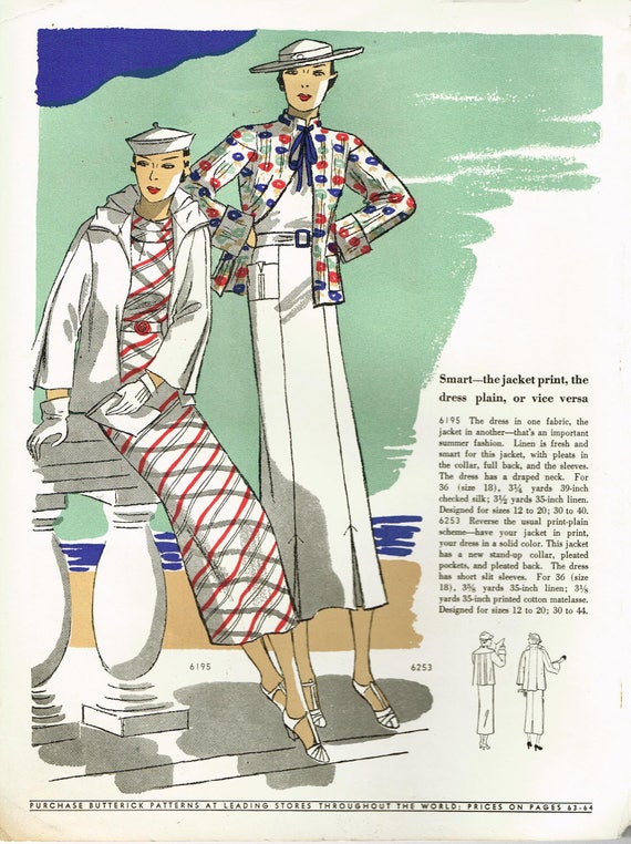 1930 年代のデジタルダウンロード Butterick 1935 年夏ファッション 