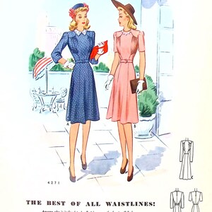 May include: A vintage illustration of two women wearing dresses with a fitted waistline. The women are standing in front of a cafe with a red and white striped umbrella. The text "The Best of All Waistlines!" is printed below the image.