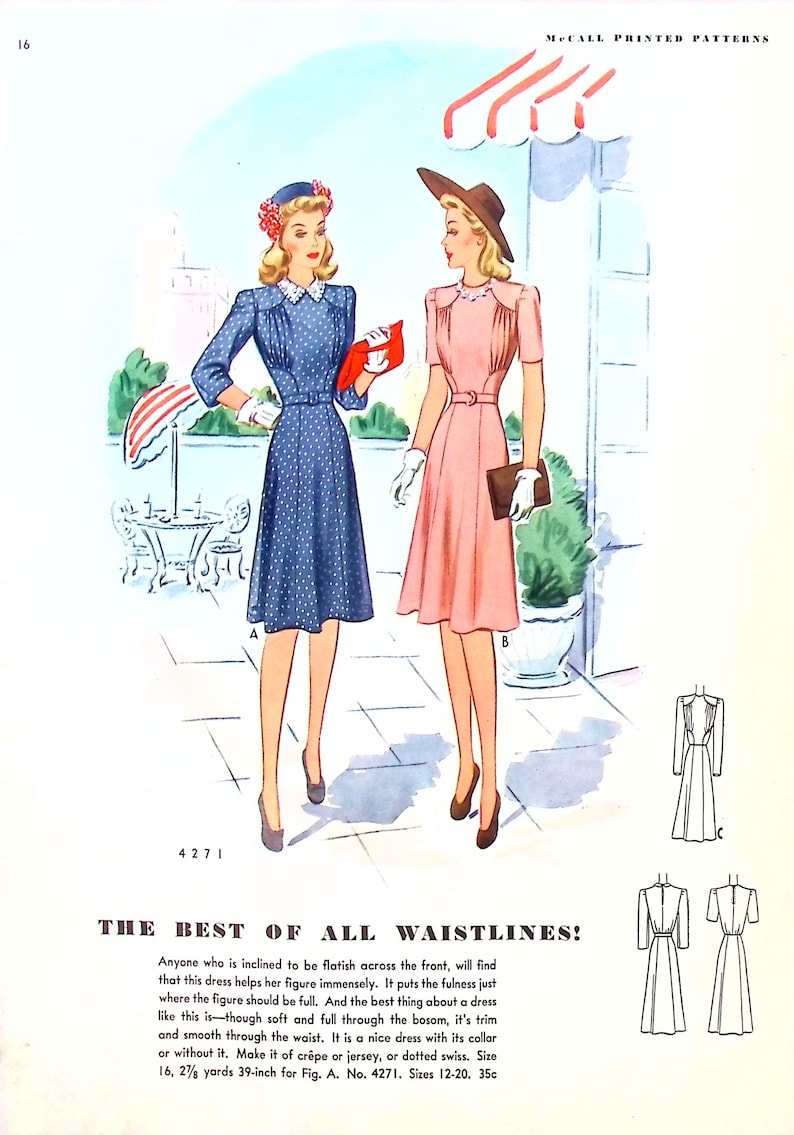 May include: A vintage illustration of two women wearing dresses with a fitted waistline. The women are standing in front of a cafe with a red and white striped umbrella. The text "The Best of All Waistlines!" is printed below the image.