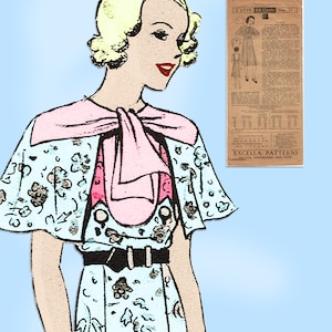 Può includere: Un'illustrazione vintage di una donna che indossa un abito azzurro con un mantello rosa e una cintura nera. L'abito ha un motivo floreale. L'illustrazione è tratta da un modello di cucito vintage. Il numero del modello è E 3778 e il prezzo è di 25 centesimi. Il modello è per la taglia 12. Il modello è della Excella Corporation di New York.