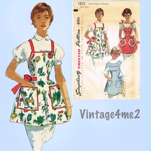 Könnte beinhalten: Vintage Schürzenmuster mit einer Frau in einer weißen Schürze mit rotem Besatz und floralem Design. Das Muster enthält Illustrationen verschiedener Schürzenstile, mit dem Text "Simplicity Printed Pattern" und "One-Yard Aprons".