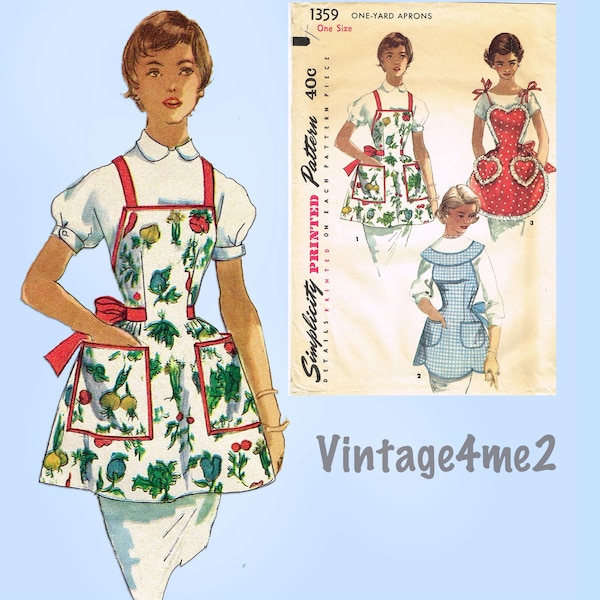 1950s Vintage Simplicity Sewing Pattern 1359 1 Yard Heart Pocket Apron Fits All