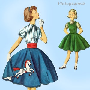 May include: Two girls wearing vintage dresses. The girl on the left is wearing a blue and white striped shirt with a red belt and a blue skirt with a white horse applique. The girl on the right is wearing a green dress with a white collar and short sleeves.