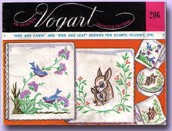 1940s Vintage Vogart Embroidery Transfer 130 Floral Basket Vanity Scarf Motifs 