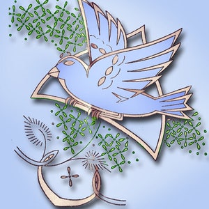 Puede incluir: Un pájaro azul con detalles dorados vuela sobre un diseño floral verde en un fondo azul claro.