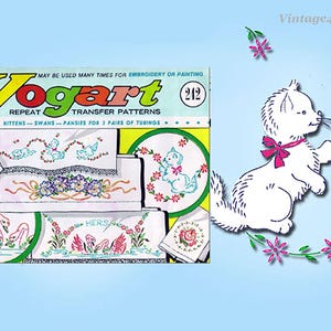 1960s Swan Kitty & Pansies Pillowcase Embroidery Transfer Uncut Vogart 242 Vintage