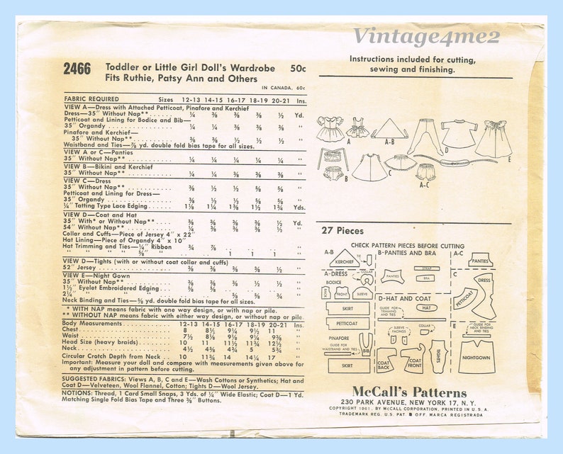 1960s Vintage McCalls Sewing Pattern 2466 Cute 14 to 15 Inch Patsy Ann Doll Clothes