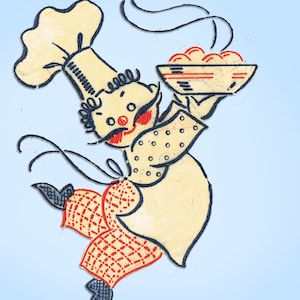 May include: A vintage illustration of a chef carrying a bowl of food. The chef is depicted wearing a tall hat, a dotted apron, and red checkered trousers. The image has a light blue background and the text "Vintage4me2" at the top.