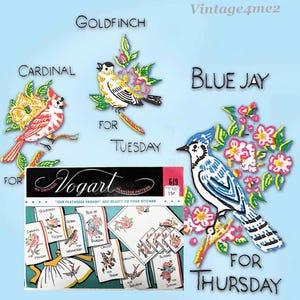 1950s Vintage Vogart Embroidery Transfer 649 Uncut Day O&#39; Week Bird Tea Towels