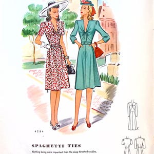 May include: A vintage illustration of two women wearing dresses with spaghetti straps and a deep neckline. The dresses have a tie at the neck and waist. The illustration is from a McCall's pattern book and includes the pattern number 4284.