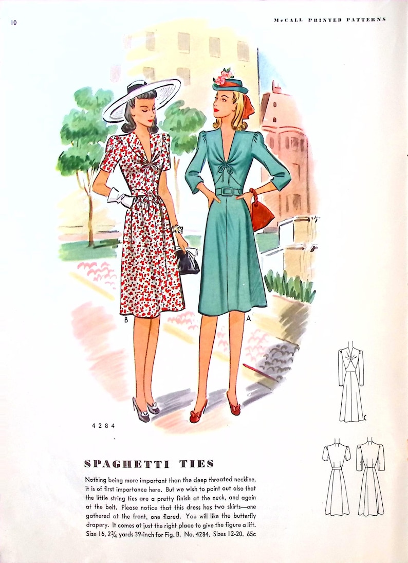 May include: A vintage illustration of two women wearing dresses with spaghetti straps and a deep neckline. The dresses have a tie at the neck and waist. The illustration is from a McCall's pattern book and includes the pattern number 4284.