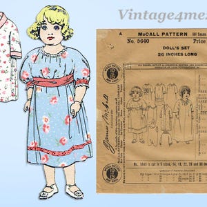 May include: Vintage doll pattern set, McCall's No. 5640, includes a doll illustration and a pattern envelope. The doll is 26 inches long and wears a blue dress with floral accents and a red belt. The pattern envelope shows various doll outfits.