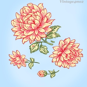 May include: A digital illustration of pink and yellow flowers with green leaves and stems on a light blue background. The flowers are in different stages of bloom, with one bud. The text "Vintage4me2" is in the upper right corner.