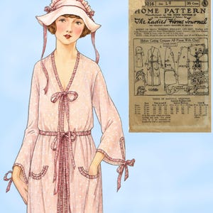 May include: A vintage sewing pattern for a light pink negligee and matching bonnet, featuring a robe with long sleeves, tie closures, and pockets. The pattern envelope includes the text 3216, Size 18, 35 Cents, HOME PATTERN, and The Ladies Home Journal.