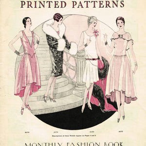 May include: Vintage fashion illustration from a 1928 Monthly Fashion Book. The cover features four women in elegant dresses, with the text "PICTORIAL PRINTED PATTERNS" and "MONTHLY FASHION BOOK January 1928". The illustration is in shades of pink, black, and white.