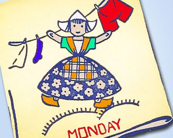 May include: A yellow paper with a cartoon illustration of a girl in a blue and white dress, a green and orange top, and a white hat. She is holding a clothesline with a purple sock, a white cloth, and a red pair of shorts. The text "MONDAY" is written in red at the bottom of the paper.