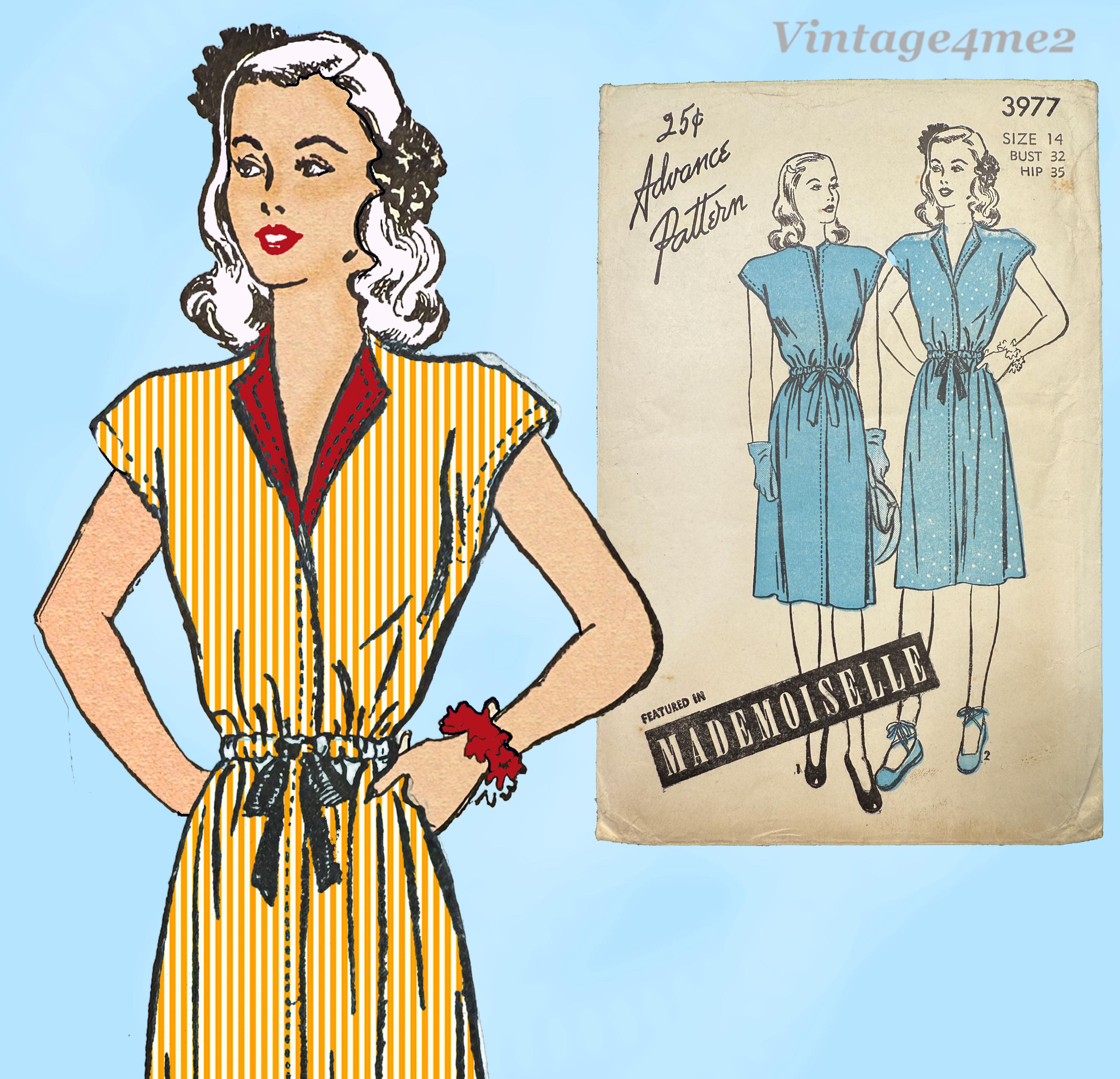 Patrón de costura vintage Advance 3977: Vestido de maternidad de la Segunda Guerra Mundial para señoritas, años 40, talla 32 B