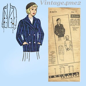 Può includere: Illustrazione di un blazer doppiopetto a righe blu e bottoni bianchi. L'immagine include un modello di blazer per ragazze e ragazzi, con il testo "Vintage4me2" e "EXCELLA PATTERNS".