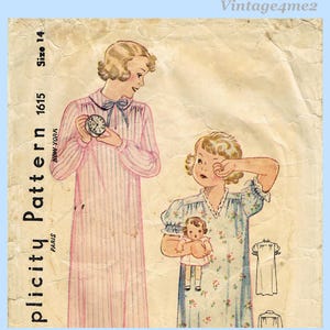 May include: Vintage Simplicity Pattern 1615, featuring illustrations of a woman and a child in nightgowns. The woman holds a clock, while the child holds a doll. The pattern is size 14, with text reading "Paris" and "New York".