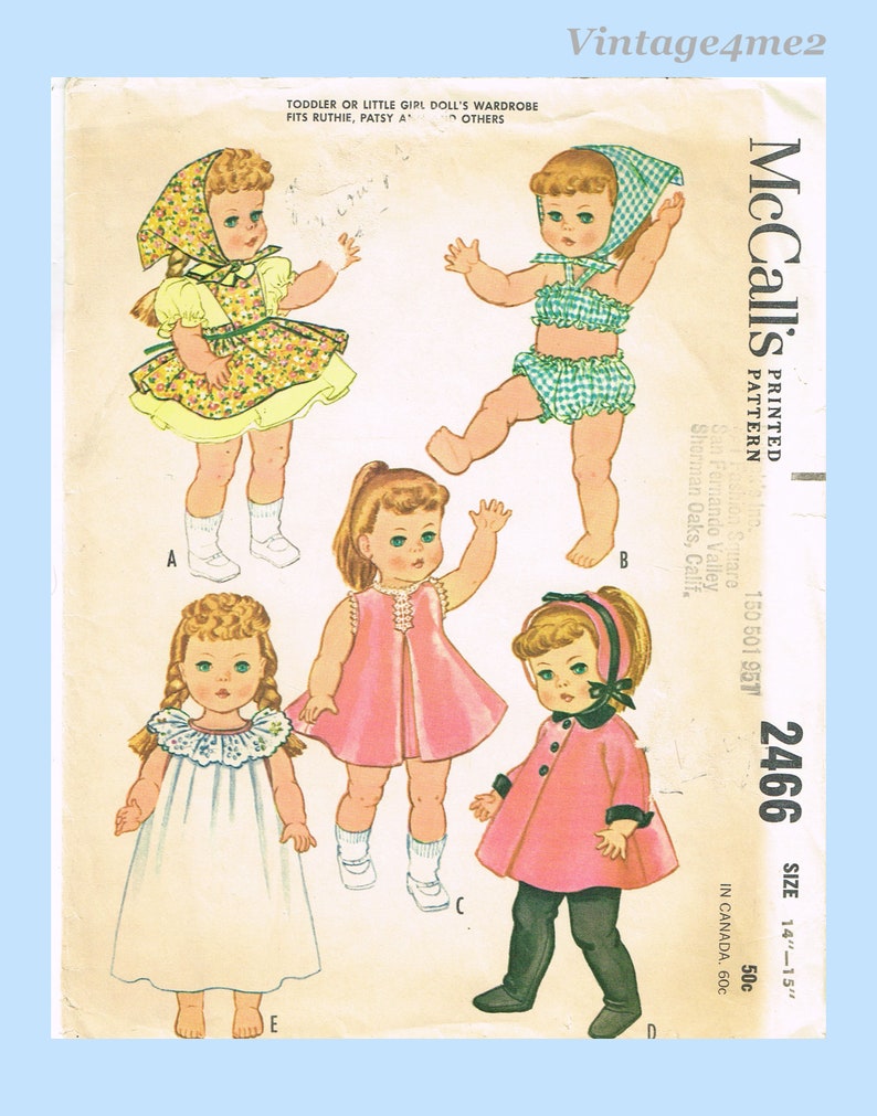 1960s Vintage McCalls Sewing Pattern 2466 Cute 14 to 15 Inch Patsy Ann Doll Clothes
