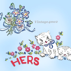 1950s Uncut Vogart Embroidery Transfer 669 Kittens & Mums Floral Pillowcases