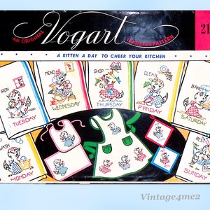 1950s Vintage Vogart Embroidery Transfer 219 Uncut DOW Helpful Kitten Tea Towels