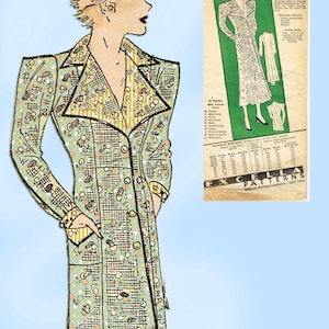 Può includere: Modello di cucito vintage per un cappotto lungo con colletto e tasche. Il modello è stampato su uno sfondo verde con un bordo bianco. Il numero del modello è E4472 e la taglia è 20. Il modello costa 15 centesimi.