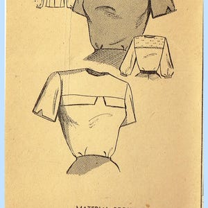 May include: A vintage sewing pattern envelope for a blouse, labeled 2043 and 16, featuring black line drawings of a short-sleeve and long-sleeve blouse with a collar and yoke. The tan paper includes a detailed material requirement chart in inches.