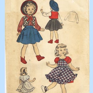 May include: Vintage sewing pattern featuring illustrations of doll outfits. The pattern includes designs for a skirt and top, a dress, and a dress with an apron. The text "ADVANCE 5665" and "For 23" Doll" are visible.