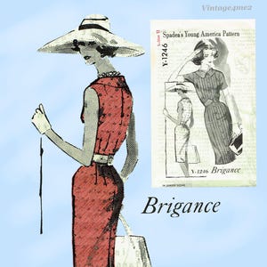 May include: Illustration of a woman in a red dress, white hat, and gloves, holding a cane. A pattern for a dress is shown on the right, with the text "Brigance" and "Spadea's Young America Pattern".