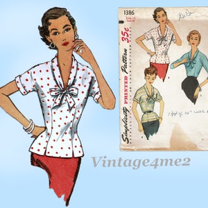 Simplicity 1386: 1950s Stunning Misses Blouse Size 34 B Vintage Sewing Pattern