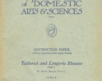 Década de 1920 Mary Brooks Picken Woman's Institute Libro de costura 14 B-2 Blusas de lencería