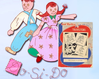 May include: A vintage transfer pattern sheet for sewing Raggedy Ann and Andy dolls. The sheet features four designs: "Dust Your Own Button", "Grandma's", "Swing Your Partner", and "The fiddler". The sheet is titled "Aunt Martha's Hot Iron Transfers" and has the number 3223.
