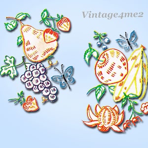 1950s Vintage Vogart Embroidery Transfer 605 Uncut Fruit Tea Towels Kitchen Set