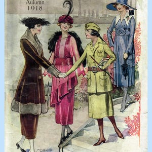 Puede incluir: Portada de revista vintage "Butterick Quarterly" de otoño de 1918. La ilustración presenta a cuatro mujeres con ropa de época elegante, incluyendo vestidos, abrigos y sombreros. La portada incluye texto que indica el precio de 25 centavos.