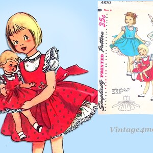 1950s Vintage Toddler Girls Dress & Doll Clothes 1954 Simplicity Sewing Pattern Size 4