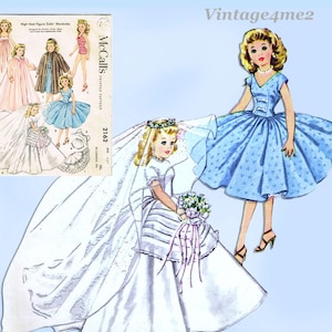 May include: Vintage McCall's sewing pattern for high heel figure dolls' wardrobe. The pattern shows illustrations of dolls in various outfits, including a wedding dress, a blue dress, and other garments. The image also includes a doll in a blue dress and a doll in a wedding dress.