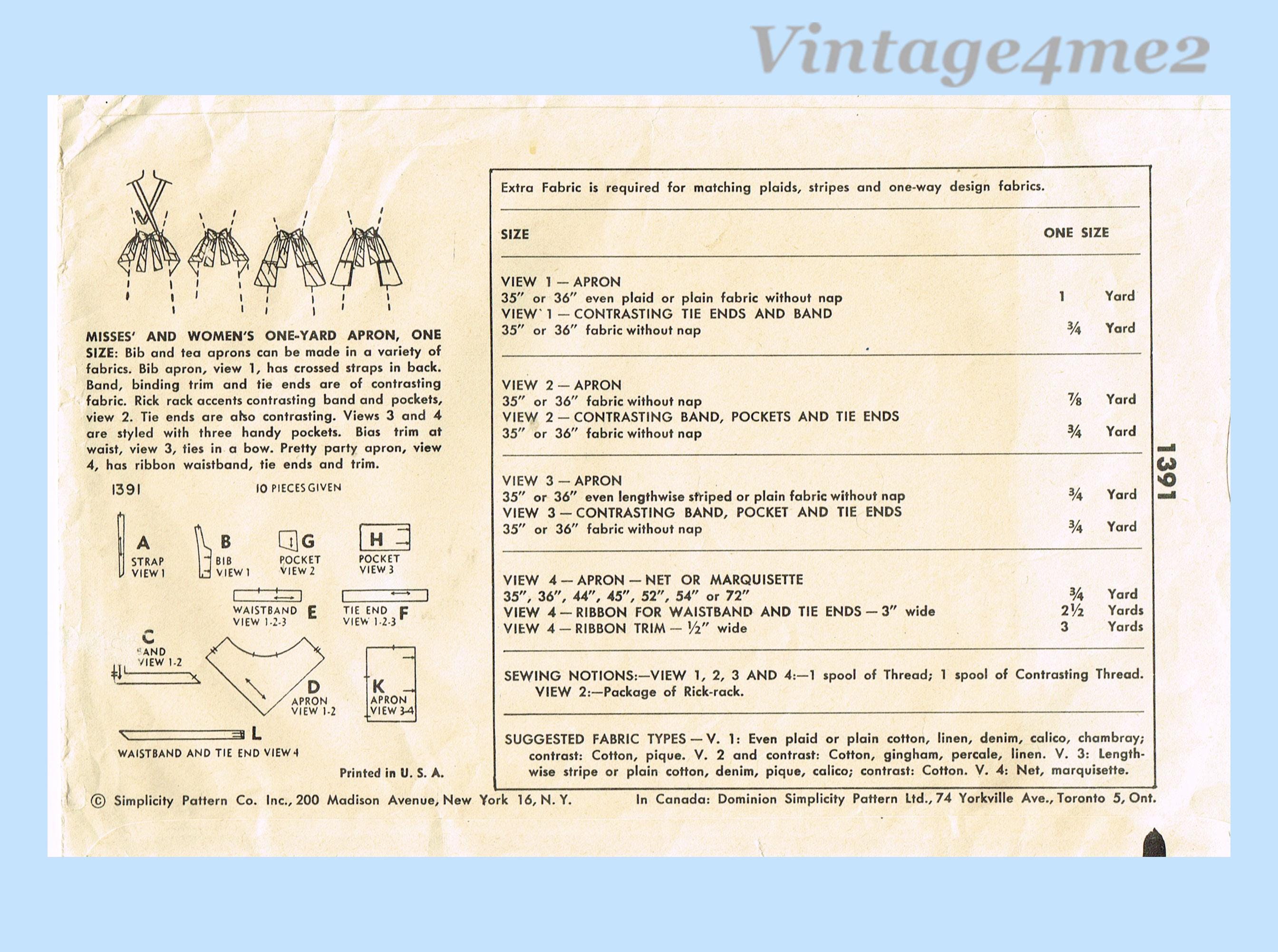 1950s Vintage Apron Sewing Pattern: Simplicity 1391, One Yard - Etsy