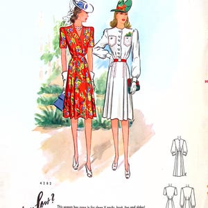 May include: A vintage fashion illustration of two women wearing dresses. The woman on the left is wearing a red floral dress with a white hat. The woman on the right is wearing a white dress with a green hat. The illustration is titled "High or Low?" and includes the text "This season has gone in for deep V necks, hook, line and sinker! But it would be a mistake to ignore the high neckline just because the V looks newer. High necklines do nice things for most people's faces, including making them look years younger! For this reason we make this dress with both necks. And you please yourself, secure in the knowledge that both are in fashion. Size 16, 3 1/2 yards 39-inch for Fig. A. No. 4282. Sizes 12-20:40-46. 35c"