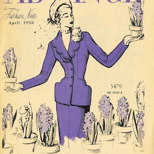 Puede incluir: Una portada de revista de moda vintage con una mujer con un traje morado sosteniendo una planta en maceta. La revista se llama "Advance Fashion News" y el número es de abril de 1950. El texto "5479 Ver página 4" también es visible.