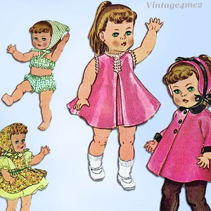 May include: A vintage sewing pattern for making doll clothes. The pattern includes instructions for making a pink dress, a green swimsuit, a yellow dress with a floral print, and a pink coat with a black collar.