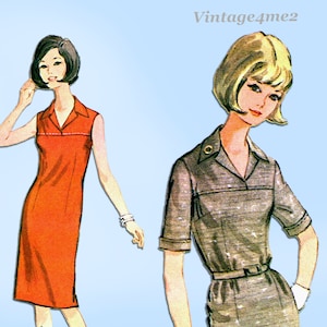 May include: Vintage sewing pattern illustration featuring two women wearing sleeveless dresses. The woman on the left is wearing a red dress with a white collar and the woman on the right is wearing a gray dress with a white collar and a belt. The text "Vintage4me2" is in the top right corner of the image.